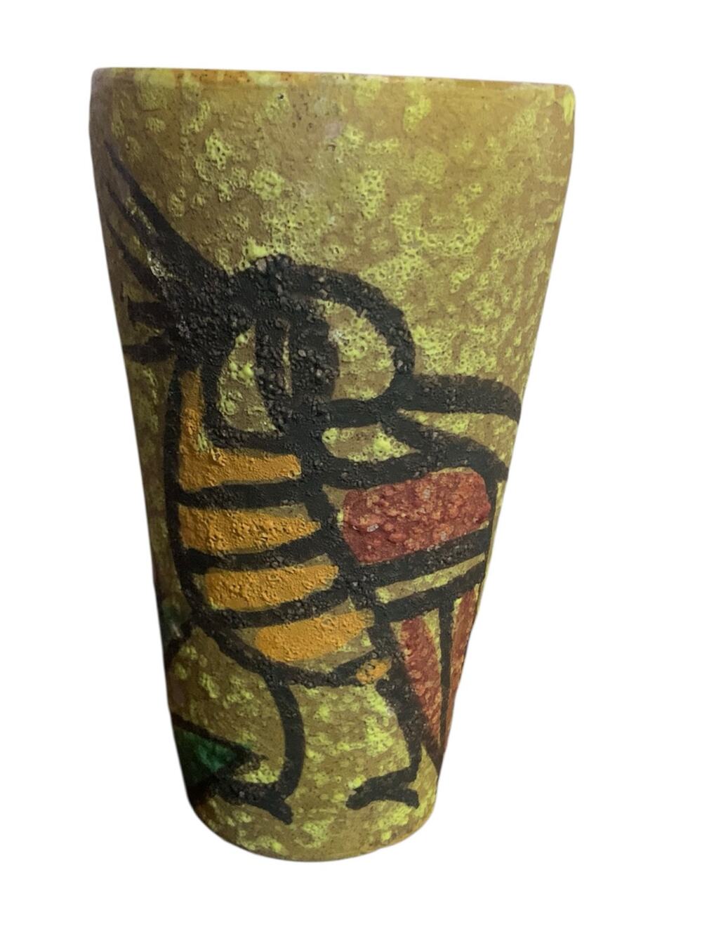 Vintage MCM Italian Art Pottery Vase Volcanic Glaze Bird Floral Hand Painted